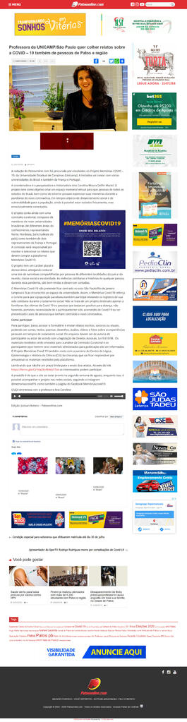 Notícia “Professora da UNICAMP/São Paulo quer recolher relatos sobre a COVID-19 também de pessoas...